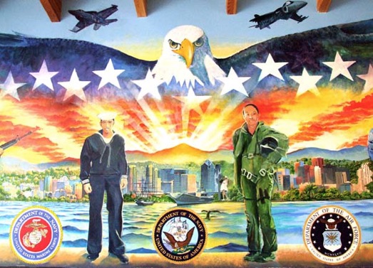 American Eagle Downtown San Diego Bay Harbor Skyline Veterans Village San Diego Art Mural Painting by San Diego Mural Artist Kevin Anderson Photography Kyle Thomas<br />
